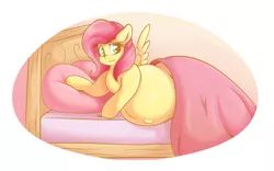 Size: 2600x1621 | Tagged: suggestive, artist:graphenescloset, derpibooru import, fluttershy, pegasus, pony, bed, belly, belly button, cute, female, hyper, hyper belly, hyper pregnancy, image, impossibly large belly, mare, png, preggoshy, pregnant, shyabetes, solo, solo female