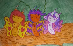 Size: 1280x815 | Tagged: safe, artist:dex stewart, derpibooru import, apple bloom, scootaloo, sweetie belle, butterfly, insect, cutie mark crusaders, image, jpeg, sleeping, species swap, traditional art