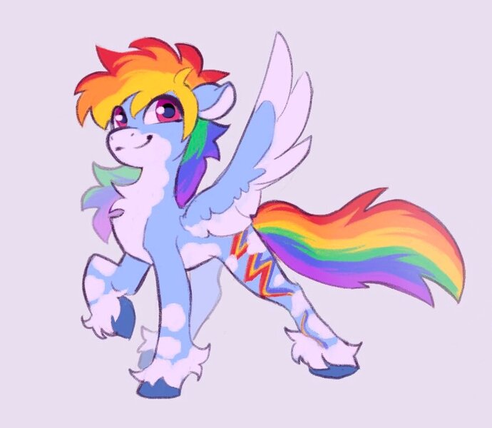 Size: 883x768 | Tagged: safe, artist:draw3, artist:p3stie, derpibooru import, rainbow dash, pegasus, pony, alternate cutie mark, alternate design, chest fluff, coat markings, colored hooves, colored wings, image, jpeg, pale belly, raised hoof, smiling, solo, spread wings, twitterina design, unshorn fetlocks, wings