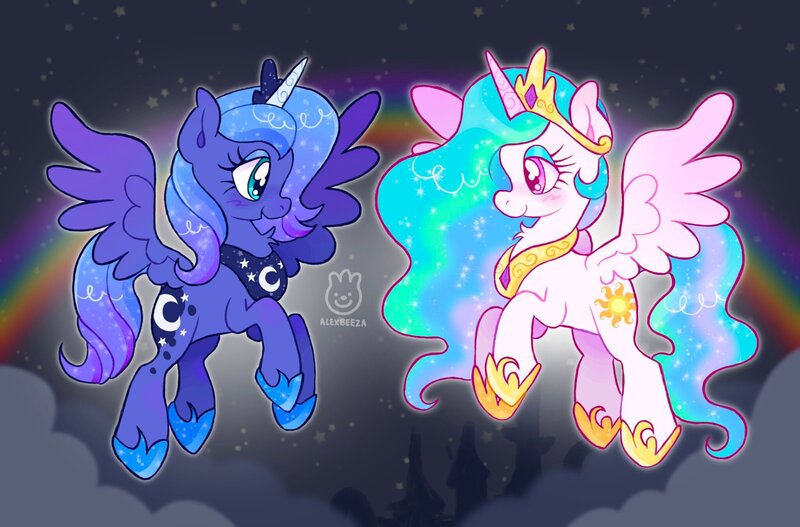 Size: 2048x1348 | Tagged: safe, artist:alexbeeza, derpibooru import, princess celestia, princess luna, alicorn, pony, flying, image, jpeg, rainbow, smiling, spread wings, wings