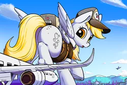 Size: 2000x1340 | Tagged: safe, artist:tsitra360, derpibooru import, derpy hooves, pegasus, pony, airport, cap, city, clothes, cutie mark, delivery pony, giant pony, hat, image, looking back, macro, png, solo, uniform