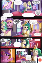 Size: 3541x5331 | Tagged: safe, artist:angusdra, artist:lummh, derpibooru import, princess cadance, princess celestia, prismia, alicorn, pony, comic:the princess of love, absurd resolution, castle, comic, female, guard, image, magic, male, mare, multiple characters, open mouth, open smile, png, proud, room, smiling, stallion, worried, young cadance