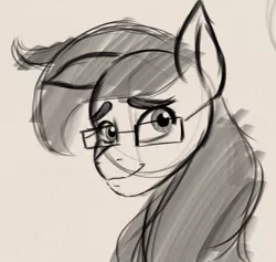 Size: 1623x1538 | Tagged: safe, artist:mindoflupe, derpibooru import, oc, oc:bay mac, pony, g5, glasses, image, jpeg, male, monochrome, sketch, smiling, solo, stallion