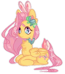 Size: 1365x1566 | Tagged: safe, artist:marzinyan, artist:reimu-reimu, derpibooru import, fluttershy, pegasus, pony, bunny ears, bunny tail, chest fluff, cute, female, flower, flower in hair, heart, heart eyes, image, lying down, mare, neckbow, png, ponyloaf, prone, shyabetes, simple background, solo, tail, transparent background, wingding eyes