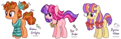 Size: 2699x873 | Tagged: safe, artist:fizzmitz, derpibooru import, oc, oc:daydream twinkle, oc:rainbow eucalyptus, oc:star powder, unofficial characters only, earth pony, unicorn, bow, clothes, glasses, goggles, hair bow, hair ribbon, image, magical lesbian spawn, offspring, parent:cayenne, parent:rainbow stars, parent:tree hugger, parent:twilight sparkle, pigtails, png, shirt, simple background, striped shirt, transparent background, trio, twintails