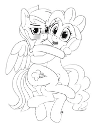 Size: 4086x5466 | Tagged: safe, artist:pabbley, derpibooru import, pinkie pie, rainbow dash, earth pony, pegasus, pony, black and white, blushing, cuddling, cute, female, grayscale, hug, image, lesbian, mare, monochrome, pinkiedash, png, possessive, shipping, simple background, snuggling, white background