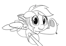 Size: 6949x4887 | Tagged: safe, artist:pabbley, derpibooru import, rainbow dash, pegasus, pony, black and white, female, flying, frog (hoof), grayscale, image, mare, monochrome, png, selfie, selfie stick, simple background, sketch, smiling, solo, underhoof, white background