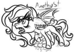 Size: 982x689 | Tagged: safe, artist:beamybutt, derpibooru import, oc, oc:amethyst, unofficial characters only, bat pony, pony, angry, bat pony oc, bat wings, ear fluff, fangs, female, food, image, lineart, male, mango, mare, monochrome, open mouth, png, protecting, raised hoof, simple background, solo, stallion, white background, wings