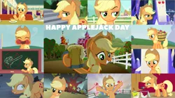 Size: 4352x2450 | Tagged: safe, derpibooru import, edit, edited screencap, editor:quoterific, screencap, applejack, earth pony, pony, apple family reunion, dragonshy, feeling pinkie keen, horse play, party pooped, school daze, the last laugh, the saddle row review, the super speedy cider squeezy 6000, three's a crowd, apple, apple cider, applejack day, applejack's hat, countryisms, cowboy hat, food, hat, image, png, solo, that pony sure does love apples