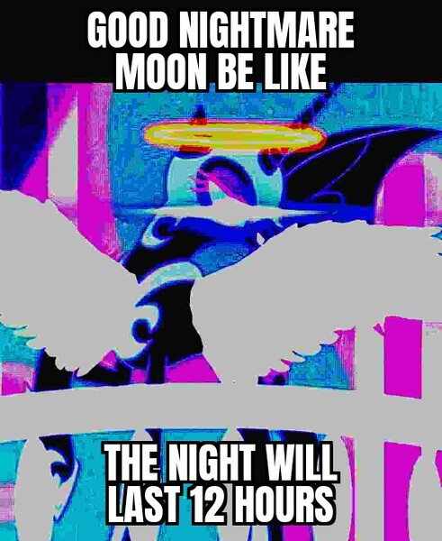 Size: 540x660 | Tagged: safe, derpibooru import, edit, edited screencap, screencap, nightmare moon, alicorn, pony, friendship is magic, deep fried meme, evil character be like, image, impact font, jpeg, meme, solo