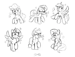 Size: 4000x3000 | Tagged: safe, artist:selenophile, derpibooru import, applejack, fluttershy, pinkie pie, rainbow dash, rarity, twilight sparkle, twilight sparkle (alicorn), alicorn, butterfly, earth pony, insect, pegasus, pony, unicorn, image, looking at you, mane six, monochrome, one eye closed, open mouth, png, sketch, wink