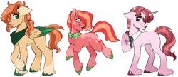 Size: 1024x442 | Tagged: safe, artist:artistcoolpony, derpibooru import, oc, unofficial characters only, earth pony, pegasus, pony, unicorn, bandana, bolo tie, bowtie, colored pupils, colored wings, colored wingtips, earth pony oc, floppy ears, freckles, grid result, hair over one eye, hair tie, half-siblings, hoof fluff, horn, image, long feather, offspring, parent:big macintosh, parent:fluttershy, parent:pinkie pie, parent:rarity, parents:fluttermac, parents:pinkiemac, parents:rarimac, pegasus oc, png, shirt collar, siblings, simple background, transparent background, trio, unicorn oc, unshorn fetlocks, wings