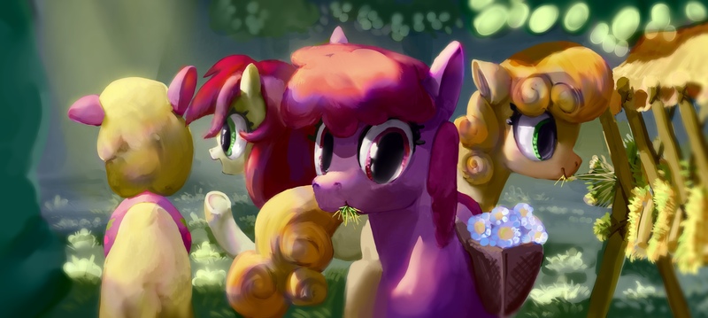 Size: 4668x2094 | Tagged: safe, artist:mandumustbasukanemen, derpibooru import, berry punch, berryshine, cherry berry, junebug, roseluck, earth pony, pony, cute, eating, female, flower, group, hay, herbivore, horses doing horse things, image, jpeg, looking at you, mare
