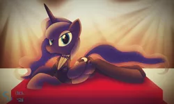 Size: 4914x2940 | Tagged: safe, artist:cosmikvek, derpibooru import, princess luna, alicorn, pony, belly button, bowtie, carpet, classy, clothes, female, high res, image, lights, looking at you, lying down, mare, png, prone, red carpet, smiling, smiling at you, socks, solo, thigh highs, tuxedo