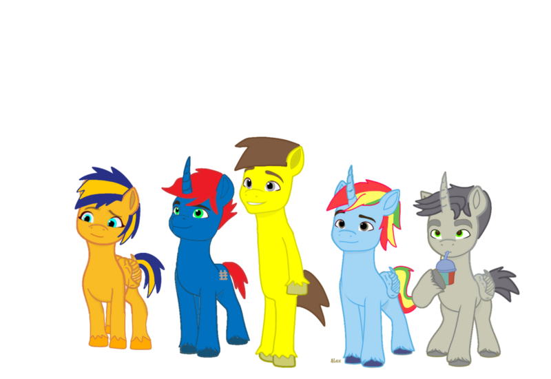 Size: 1280x880 | Tagged: safe, artist:johnnybro288, derpibooru import, oc, oc:flare spark, oc:johnny, oc:nico, oc:shield wing, oc:train track, alicorn, earth pony, human, pegasus, unicorn, g5, humanized, image, png