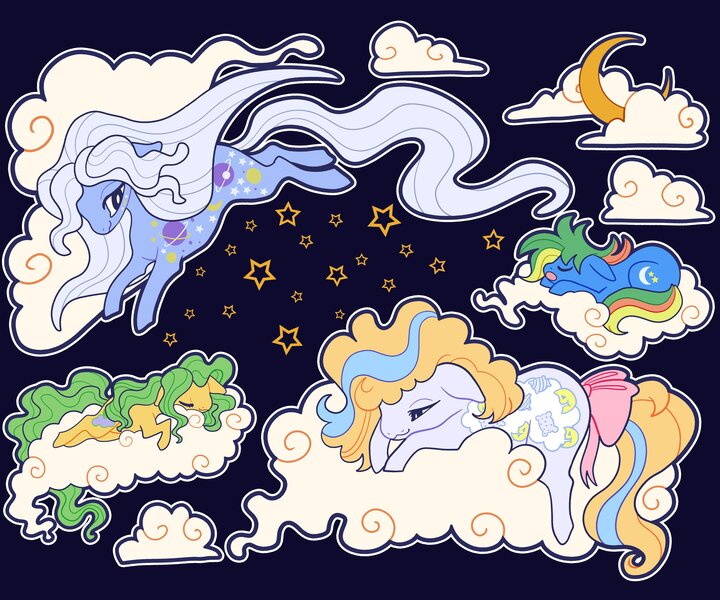 Size: 4096x3413 | Tagged: safe, artist:rainbowheartunicorn, derpibooru import, night glider (g1), night light (g1), pillow talk (g1), pony, bow, cloud, crescent moon, eyes closed, floppy ears, flying, g1, image, jpeg, long mane, long tail, moon, nachtlicht, napper, night, on a cloud, sleeping, sleeping on a cloud, stars, tail, tail bow, transparent moon, twice as fancy ponies, white pupils