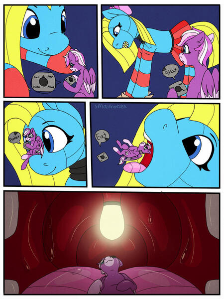 Size: 900x1200 | Tagged: questionable, artist:smallhorses, derpibooru import, oc, oc:cotton quill, oc:cuteamena, earth pony, pegasus, pony, robot, robot pony, comic, image, jpeg, safe vore, soft vore, vore