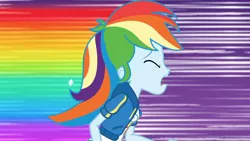 Size: 3410x1920 | Tagged: safe, derpibooru import, screencap, rainbow dash, equestria girls, equestria girls series, holidays unwrapped, spoiler:eqg series (season 2), breasts, clothes, cutie mark, cutie mark on clothes, dashing through the mall, eyes closed, female, geode of super speed, high res, hoodie, image, jewelry, jpeg, magical geodes, necklace, open mouth, rainbow trail, solo