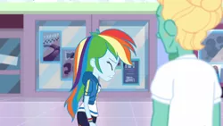 Size: 3410x1920 | Tagged: safe, derpibooru import, screencap, rainbow dash, zephyr breeze, equestria girls, equestria girls series, holidays unwrapped, spoiler:eqg series (season 2), breasts, clothes, cutie mark, cutie mark on clothes, dashing through the mall, eyes closed, female, geode of super speed, high res, hoodie, image, jewelry, jpeg, magical geodes, male, necklace