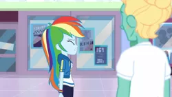Size: 3410x1920 | Tagged: safe, derpibooru import, screencap, rainbow dash, zephyr breeze, equestria girls, equestria girls series, holidays unwrapped, spoiler:eqg series (season 2), breasts, clothes, cutie mark, cutie mark on clothes, dashing through the mall, eyes closed, female, geode of super speed, high res, hoodie, image, jewelry, jpeg, magical geodes, male, necklace