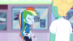 Size: 3410x1920 | Tagged: safe, derpibooru import, screencap, rainbow dash, zephyr breeze, equestria girls, equestria girls series, holidays unwrapped, spoiler:eqg series (season 2), breasts, clothes, cutie mark, cutie mark on clothes, dashing through the mall, eyes closed, female, geode of super speed, high res, hoodie, image, jewelry, jpeg, magical geodes, male, necklace, open mouth
