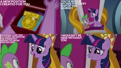 Size: 1280x720 | Tagged: safe, derpibooru import, edit, edited screencap, editor:quoterific, screencap, spike, twilight sparkle, twilight sparkle (alicorn), alicorn, dragon, pony, season 9, the ending of the end, spoiler:s09, bsbff, female, image, jpeg, male, mare, open mouth, open smile, smiling, winged spike, wings