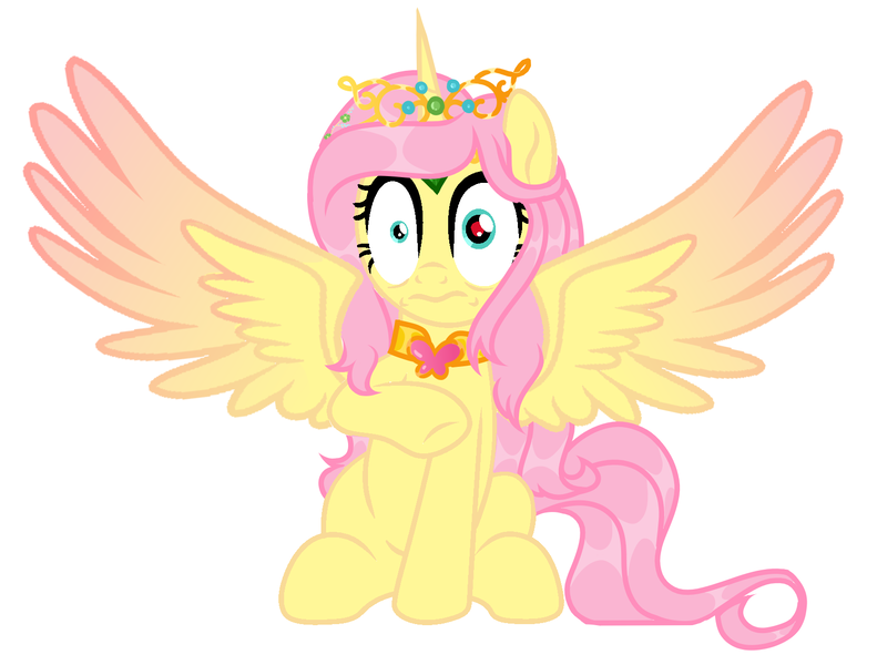 Size: 1587x1204 | Tagged: safe, artist:vizirka, derpibooru import, oc, oc:princess fluttershy, alicorn, pony, teacher of the month (episode), spoiler:interseason shorts, alicorn oc, alternate character design, alternate hairstyle, alternate universe, colored wings, commission, element of kindness, horn, image, jewelry, my eyes, png, solo, tiara, two toned wings, wings, wtf face, ych result