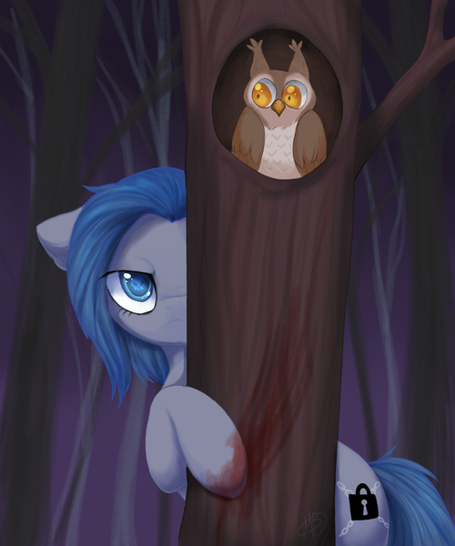 Size: 2500x3000 | Tagged: safe, artist:megabait, derpibooru import, oc, oc:megabait, bird, owl, pony, blood, forest, hollow, image, inktober, inktober2021, inktoberday8, png, three, tree, watch