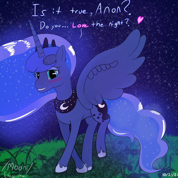 Size: 4000x4000 | Tagged: safe, artist:enonnnymous, derpibooru import, princess luna, alicorn, pony, /moon/, blushing, ethereal mane, female, floating heart, heart, hoof shoes, image, implied anon, jewelry, lidded eyes, looking at you, mare, night, peytral, png, question, regalia, solo, spread wings, stars, talking to viewer, wings