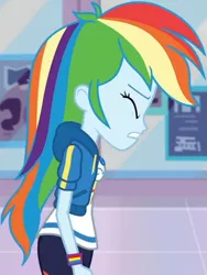 Size: 1920x2552 | Tagged: safe, derpibooru import, screencap, rainbow dash, equestria girls, equestria girls series, holidays unwrapped, spoiler:eqg series (season 2), breasts, clothes, cropped, cutie mark, cutie mark on clothes, dashing through the mall, eyes closed, female, frown, geode of super speed, gritted teeth, high res, hoodie, image, jewelry, jpeg, magical geodes, necklace, solo