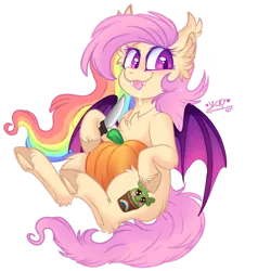 Size: 1920x2019 | Tagged: safe, artist:nightingalewolfie, derpibooru import, oc, oc:echo prism, bat pony, pony, female, image, mare, not flutterbat, not fluttershy, png, pumpkin, simple background, solo, tongue out, transparent background