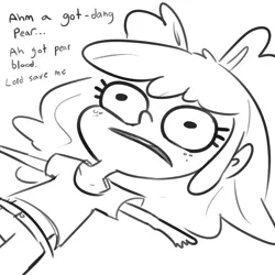 Size: 1584x1584 | Tagged: safe, artist:tjpones, derpibooru import, apple bloom, human, black and white, dialogue, existential crisis, freckles, grayscale, humanized, image, lineart, lying down, monochrome, on back, png, solo, talking to herself