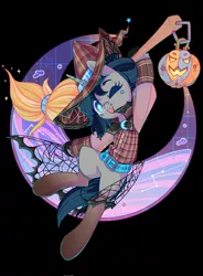 Size: 1510x2048 | Tagged: safe, artist:musicfirewind, derpibooru import, oc, unofficial characters only, pony, unicorn, broom, flannel, flying, flying broomstick, halloween, hat, holiday, image, jack-o-lantern, jpeg, looking at you, pumpkin, smiling, solo, witch hat