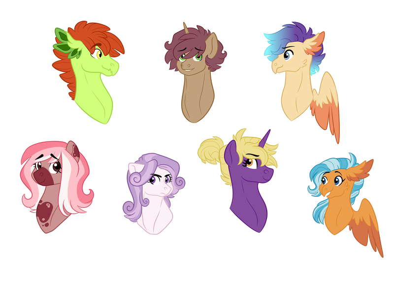 Size: 7000x5000 | Tagged: safe, artist:akajulester, derpibooru import, oc, oc:canon, oc:gizmo, oc:polyphony, oc:riptide, oc:seashell, oc:trailblazer, oc:wayfinder, unofficial characters only, dracony, hybrid, pony, unicorn, bust, colt, female, filly, image, interspecies offspring, magical lesbian spawn, male, next generation, offspring, parent:apple bloom, parent:button mash, parent:diamond tiara, parent:dinky hooves, parent:pipsqueak, parent:scootaloo, parent:silver spoon, parent:spike, parent:sweetie belle, parent:terramar, parents:dinkymash, parents:piptiara, parents:silverbelle, parents:spikebloom, parents:sweetiemash, parents:terraloo, png, simple background, white background