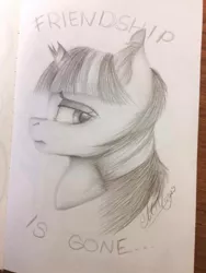 Size: 640x852 | Tagged: safe, artist:millefaller, derpibooru import, twilight sparkle, pony, unicorn, broken horn, ear fluff, female, frown, horn, image, jpeg, lidded eyes, mare, sad, solo, talking, traditional art, unicorn twilight