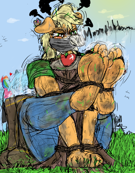 Size: 585x750 | Tagged: suggestive, artist:fetishsketches, derpibooru import, applejack, rainbow dash, anthro, apple, barefoot, bondage, boots, bound and gagged, clothes, dirt, dirty, dirty feet, doodle, feet, fetish, food, foot fetish, gag, image, musk, png, shoes, sock gag, socks, soles, sweat