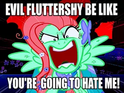 Size: 1197x897 | Tagged: safe, derpibooru import, edit, edited screencap, screencap, fluttershy, pegasus, the best night ever, caption, clothes, dress, evil character be like, female, flutterrage, gala dress, image, image macro, meme, png, text, you're going to love me