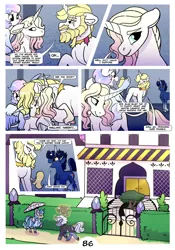 Size: 2100x3000 | Tagged: safe, artist:loryska, derpibooru import, prince blueblood, oc, oc:indigo sky, oc:ipomoea (loryska), oc:marshmallow kiss, pegasus, pony, unicorn, comic:friendship grows, female, filly, image, magical lesbian spawn, male, mare, offspring, older, parent:trixie, parent:twilight sparkle, parents:twixie, png, stallion, umbrella