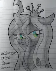 Size: 2904x3729 | Tagged: safe, artist:iceflower99, derpibooru import, queen chrysalis, changeling, changeling queen, bust, female, image, inktober, inktober 2021, jpeg, lined paper, solo, traditional art