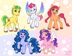 Size: 1048x823 | Tagged: safe, artist:othervio, derpibooru import, hitch trailblazer, izzy moonbow, pipp petals, sunny starscout, zipp storm, alternate color palette, colored wings, g5, image, jpeg, mane five (g5), multicolored wings, wings