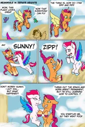 Size: 640x960 | Tagged: safe, artist:hitchpippetals, derpibooru import, sunny starscout, zipp storm, alicorn, earth pony, pegasus, pony, comic:bridlewood library, my little pony: a new generation, artificial horn, artificial wings, augmented, comic, falling, female, g5, holding a pony, horn, image, magic, magic horn, magic wings, mare, png, sunnycorn, wings