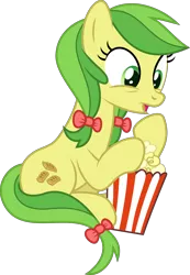 Size: 5047x7286 | Tagged: safe, artist:thatusualguy06, derpibooru import, apple fritter, earth pony, pony, growing up is hard to do, .svg available, absurd resolution, apple family member, background pony, bow, female, food, green eyes, hair bow, image, mare, open mouth, png, popcorn, simple background, sitting, solo, speedpaint available, tail, tail bow, transparent background, two toned mane, two toned tail, vector