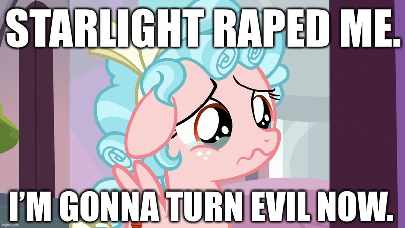 Size: 1280x720 | Tagged: semi-grimdark, suggestive, derpibooru import, cozy glow, pegasus, background pony strikes again, backstory, caption, crying, image, image macro, implied foalcon, implied rape, implied starlight glimmer, jpeg, origin story, text, underage