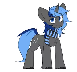 Size: 1920x1800 | Tagged: safe, artist:osukel, derpibooru import, orion, shooting star (character), oc, oc:orion, pony, unicorn, black hooves, blue mane, clothes, colored, commission, flat colors, horn, image, male, png, scarf, simple background, smiling, solo, stallion, standing, unicorn oc, white background