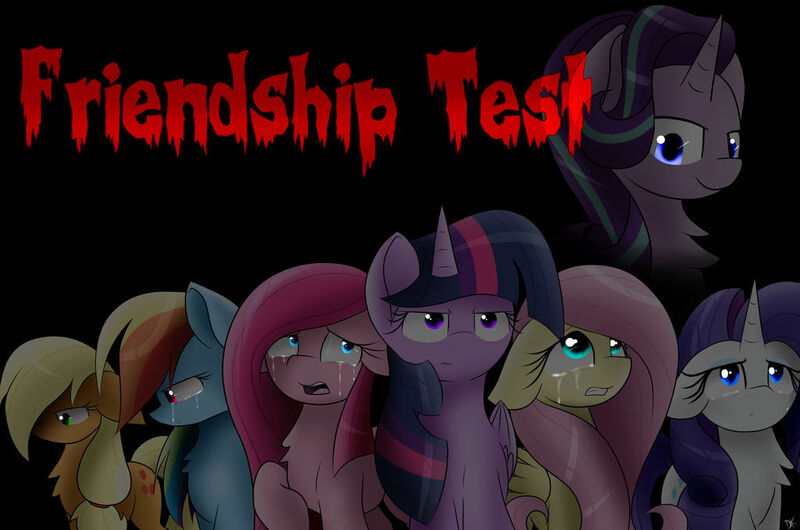 Size: 1024x679 | Tagged: grimdark, artist:envygirl95, derpibooru import, applejack, fluttershy, pinkie pie, rainbow dash, rarity, starlight glimmer, twilight sparkle, twilight sparkle (alicorn), alicorn, earth pony, pegasus, pony, unicorn, fanfic:the friendship test, black background, blood, blue eyes, blue fur, chest fluff, crying, curly mane, evil, evil grin, evil starlight, eyelashes, floppy ears, frown, glow, glowing eyes, green eyes, grin, horn, image, jpeg, long mane, looking offscreen, looking up, mane six, open mouth, orange fur, pink fur, purple eyes, purple fur, raised hoof, sad, scared, shiny mane, simple background, smiling, straight mane, tears of sadness, teeth, text, the friendship test, white fur