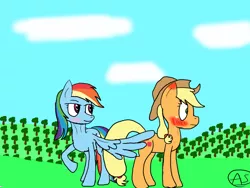 Size: 1280x960 | Tagged: artist needed, suggestive, derpibooru import, applejack, rainbow dash, earth pony, pegasus, pony, appledash, bedroom eyes, blushing, butt touch, feathermarking, female, females only, image, lesbian, looking back, mare, png, shipping, shocked, signature, sweet apple acres