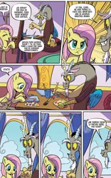 Size: 800x1280 | Tagged: safe, derpibooru import, idw, discord, fluttershy, spoiler:comic94, beard, comic, facial hair, image, jpeg, painting, spanish, text
