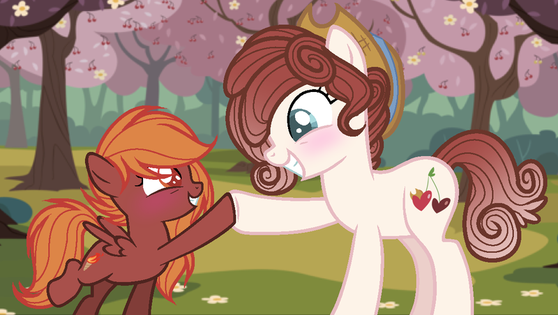 Size: 1201x678 | Tagged: safe, artist:gallantserver, derpibooru import, oc, oc:cordial berry, oc:torch, earth pony, pegasus, pony, female, filly, hoofbump, image, mare, parent:cherry jubilee, png