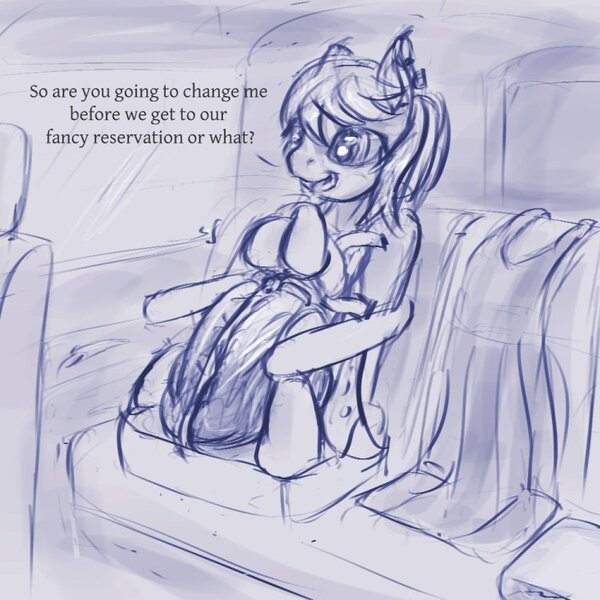 Size: 750x750 | Tagged: questionable, artist:auntiefrost, derpibooru import, oc, oc:snow frost, unofficial characters only, booster seat, car, clothes, dialogue, diaper, diaper fetish, dress, fetish, image, jpeg, messy diaper, sketch, solo