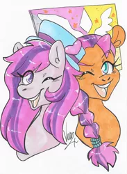 Size: 1738x2373 | Tagged: safe, artist:vederlicht, derpibooru import, sunny starscout, oc, oc:sweet haze, earth pony, cute, g5, hat, image, jpeg, looking at you, one eye closed, sign, traditional art, wink